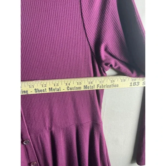 Forever21 Knit Dress 1X Wine Purple Ribbed Long Sleeve Button Down Fit Flare - Picture 3 of 7